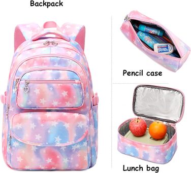 Шкільний рюкзак для дівчаток: набір з 3 шт. (рюкзак, ланч-бокс, пенал) зірковий рожевий колір