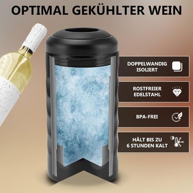 Охолоджувач вина Arktis – стильне наливання безпосередньо з охолоджувача | Вакуумний ізольований охолоджувач напоїв та охолоджувач пляшок для вина, шампанського, ігристого вина | Охолоджувач шампанського з подвійними стінками (Чорний)
