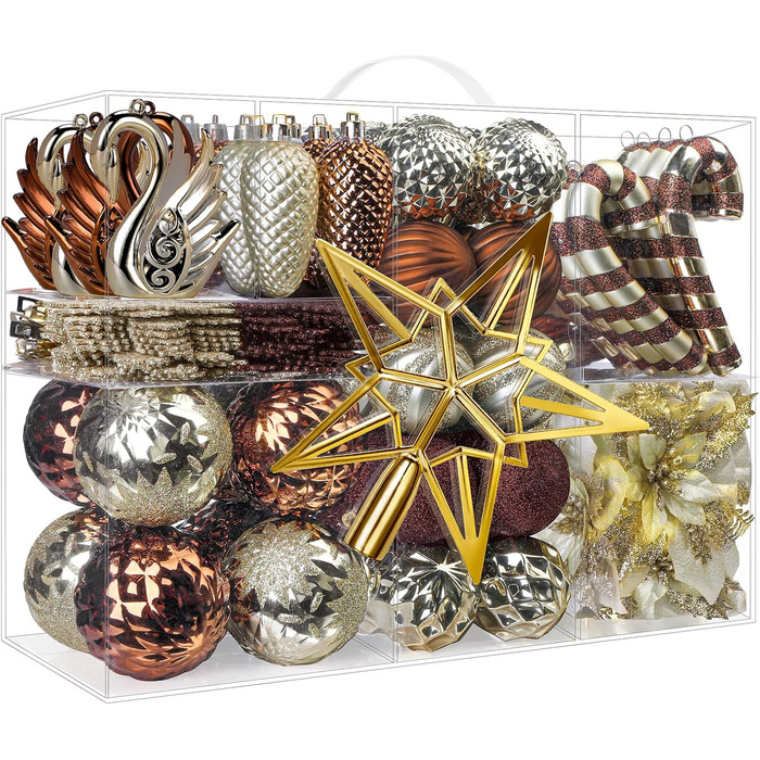 Набір прикрас для ялинки Alupssuc 128 шт. - ялинкові кулі, квіти, орнаменти, червоно-золотий (шампань, коричневий)