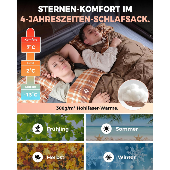 Спальний мішок KingCamp для 2 осіб з фланелі, зимовий, теплий, 3-4 сезони, з 2 подушками, для кемпінгу, подорожей та активного відпочинку на природі