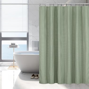 Штора для душу Waffel 183x198 см - текстильна, поліестер, з магнітами, 12 кілець, непрозора, водовідштовхувальна, для ванної кімнати (зелена)