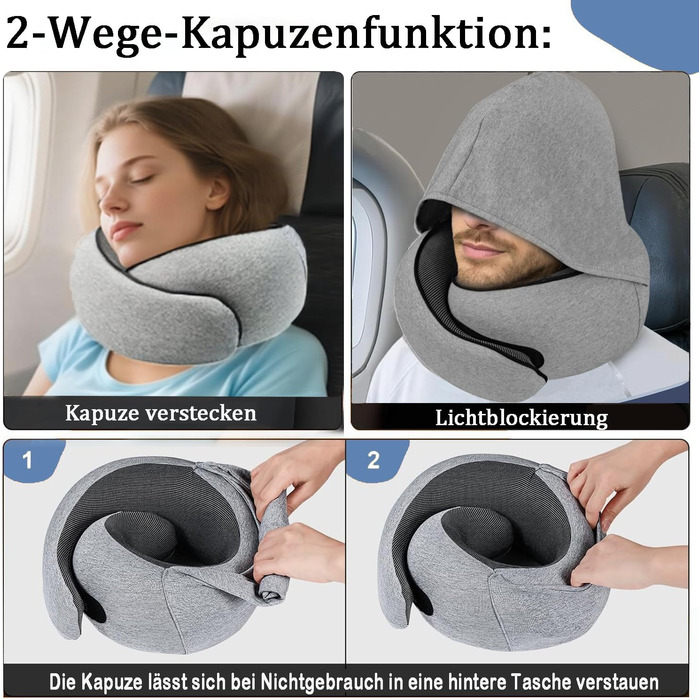 Подушка для шиї з регульованою капюшоном та 360° підтримкою шиї | Ергономічна подушка з піною з пам'яті для подорожей (літак, авто) | З чохлом для подорожей та берушами | Дихаюча та пральна (світло-сіра)