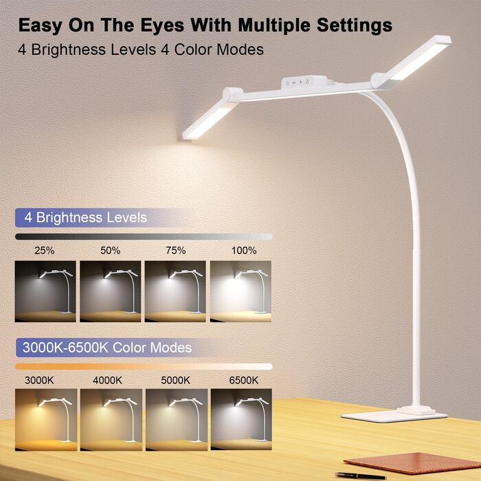 LED лампа для столу EppieBasic з кріпленням, 24W, 3 насадки, регулювання яскравості, 1200LM, захист очей, 4 колірні температури, таймер 30 хв, для офісу та дому