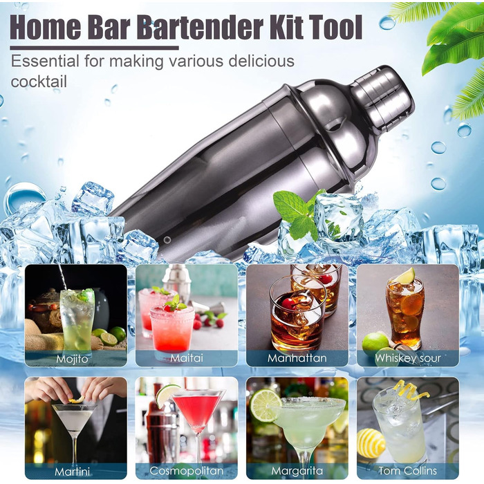 Набір шейкер для коктейлів Esmula 750 мл, 12 предметів, нержавіюча сталь, барменський набір, подарунок для чоловіків/жінок, стильний барний аксесуар з рецептами коктейлів (сірий)