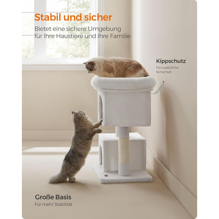 Feandrea Cat Tree, 84 cm Cat Tree, L, Cat House for Large Cats up to 7 kg, Large Platform, 2 Cat Caves, Sisal Posts, PCT61W (L (60 x 40 x 84 cm), Cream White)