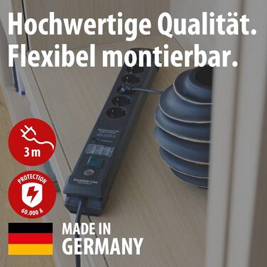 Бренненштуль Преміум-Лінія Мережевий фільтр 6 розеток з захистом від перенапруги до 60000A (з вимикачем та 3м кабелем, для кріплення на стіну, Made in Germany) чорний, розсіювач струму 60000 A
