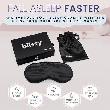 Шовкова маска для сну Blissy – повне затемнення, 100% шовк, 22 Momme, 6a, для жінок та чоловіків (Чорний)