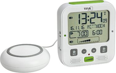 TFA Dostmann Boom Funkwecker, Loud with Vibration Alarm, Snooze Function, Adjustable Volume and Brightness, Automatic Night Light, White, L 110 x W 65 x H 122 mm