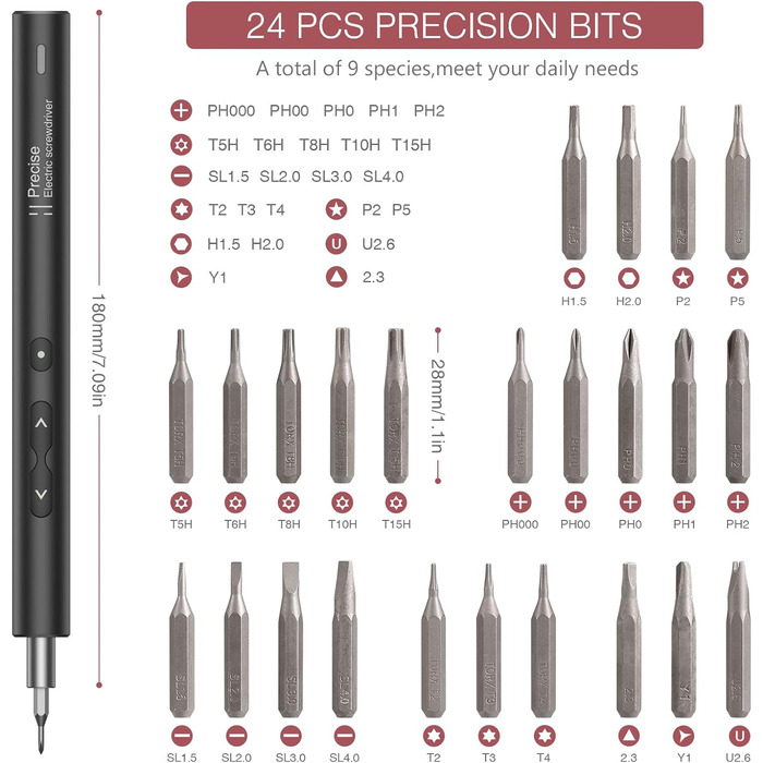 Міні-шуруповерт LOFICOPER 28 в 1: акумуляторний набір з LED, USB-C, 24 біти для ремонту ноутбуків та годинників (чорний)