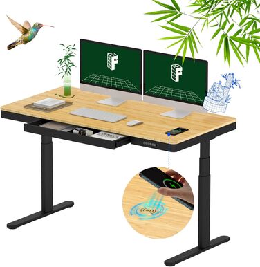 Регульований стіл FLEXISPOT з LED-дисплеєм висоти, пам'яттю та USB, електричний стіл з ящиком для дому та офісу (140 x 70 см, бамбук / чорний (з Qi))