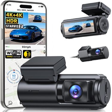 Автомобільний відеореєстратор GKU 4K+4K передній та задній, сенсор STARVIS 2, HDR нічна зйомка (Deep Black)