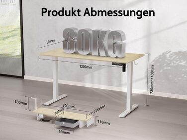Electric Standing Desk with Drawers - 120x60cm, Oak Finish - Adjustable Height Desk for Home Office & Business, Monitor Stand, Phone Holder, 3 Hooks