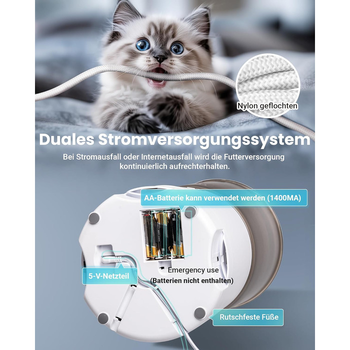 Автоматичне годування для котів з APP та таймером, 6 л / 25 порцій, 3 миски, 3 пакети силікагелю, система запобігання застрягання, WiFi 2.4G, запис голосу 10 сек, годівниця для котів та собак (білий)