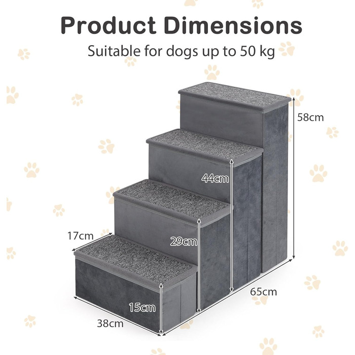 Сходинки для собак SOARS: складана пандус для домашніх тварин з місцем для зберігання, антиковзкі, до 50 кг, для собак та котів, під ліжко/диван (сірий, 38 x 65 x 58 см)