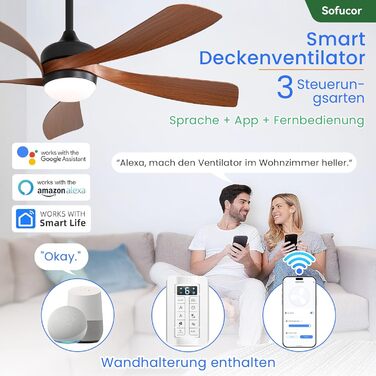 Стельовий вентилятор Sofucor Smart з підсвічуванням 132 см, управління через Alexa/APP, пульт, 3 режими світла, таймер, 6 швидкостей, DC мотор, коричнево-чорний