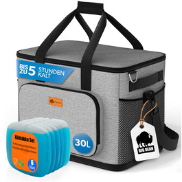 BigDean Термосумка-холодильник велика, 30 літрів, з 6 акумуляторами льоду. Ізольована, складна, витокозахисна та водонепроникна. Підходить для пікніків, обідів та покупок. До 5 годин охолодження.