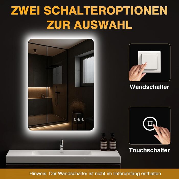 Дзеркало для ванної кімнати з підсвічуванням 50 x 70 см, LED дзеркало з протизапарюючим покриттям, 3 кольори світла, регулювання яскравості, прямокутна форма, сенсорне управління, функція пам'яті, горизонтальне/вертикальне кріплення, без рамки