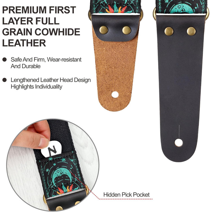 Гітарний ремінь Nefelibata, вишитий бавовняний ремінь з шкіряними кінцями, для бас-гітари, електро- та акустичної гітари, безкоштовний фіксатор, 1 пара замків, 4 шт. (Зелене сонце та місяць)