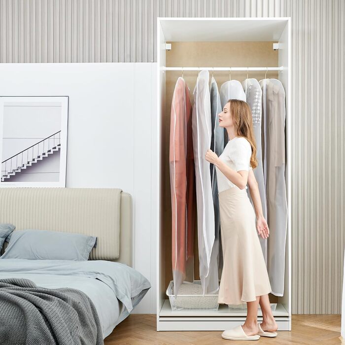 Набір мішечків для одягу GoMaihe (8 шт.) 60x100 см: для костюмів, суконь, пальто, сорочок. Захисні мішечки з прозорим віконцем та блискавкою. Білий колір.
