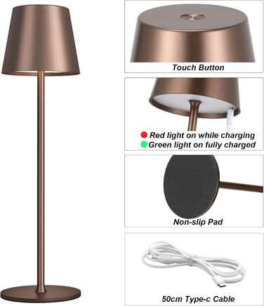 Акумуляторна LED настільна лампа бездротова з USB-C зарядкою, регульована яскравість, 3 режими світла, коричнева. Для дому, офісу, кемпінгу.