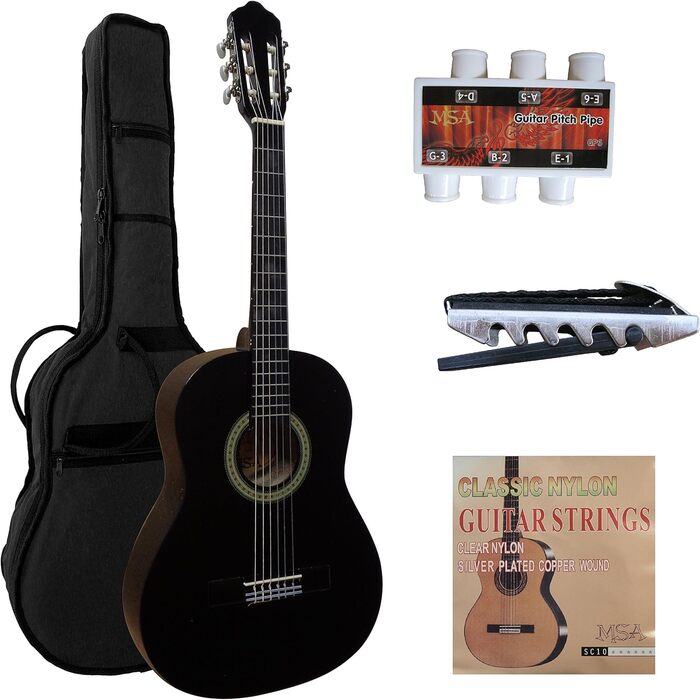 Концертна гітара в комплекті: юнацька класична гітара, чорна матова, з чохлом, каподастром, струнами та налаштувальником. MIBK