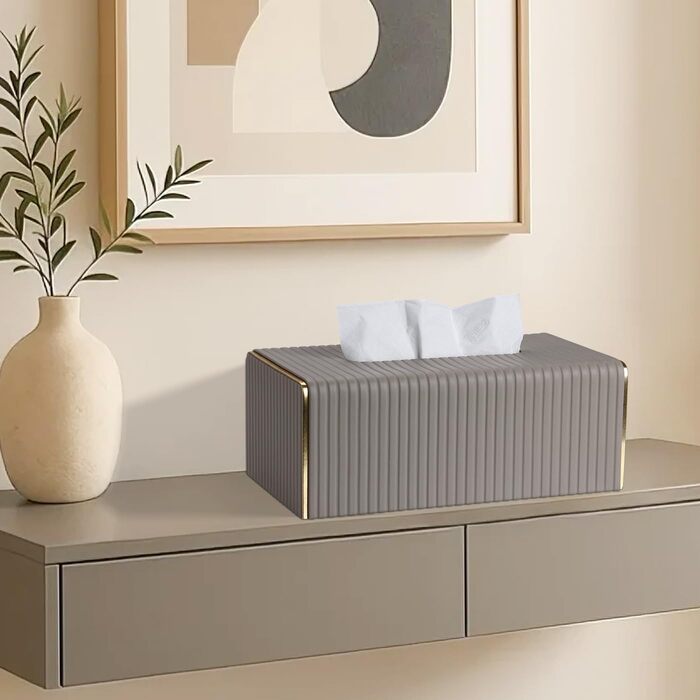 Стильна тканинна коробка для серветок з PU шкіри (світло-сіра в смужку)