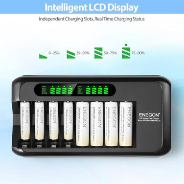 Зарядний пристрій ENEGON для акумуляторів NI-MH/NI-CD з LCD-дисплеєм, 8 слотів, AA/AAA