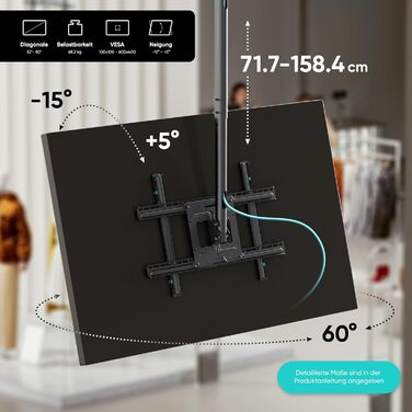 ONKRON Ceiling TV Mount for 32-80 inch TVs - Tilting & Swivel, VESA 100x100-600x400, Up to 68kg / 150lbs, Height Adjustable, Black