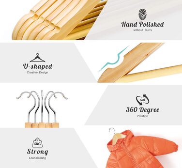 Дерев'яні вішалки для дитячого одягу Homewit - 24 шт. з перекладиною, з заглибленнями, 360° обертання, для малюків та дітей - 30 см