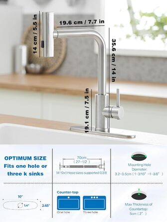 Кухонний змішувач Schwarz Waterfall з висувною лійкою та 3 режимами, 360° обертання, з нержавіючої сталі (щітка)