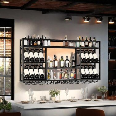 Настінна вітрина для вина з тримачем для келихів, 3-ярусна, металева вітрина в стилі рустік для напоїв, для домашнього бару, зберігання вина на кухні (Чорний, 100см)