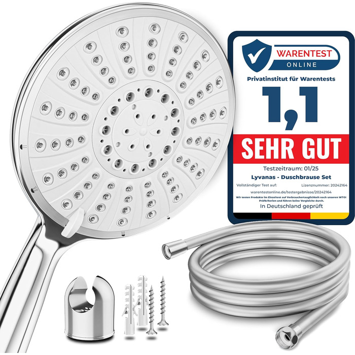 Lyvanas - TEST WINNER - Shower Head with Hose and Holder - Shower Head for Shower & Bathtub in Extra Large (Ø15cm) - Wellness Rain Shower with 5 Spray Patterns (Premium Set 2025)