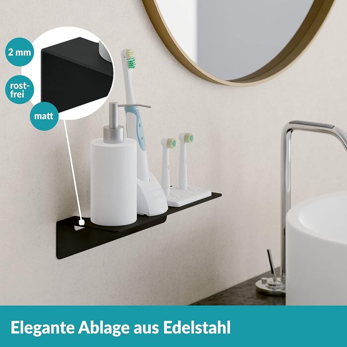 WEISSENSTEIN Badablage without Drilling - Stainless Steel Shelf for Bathroom - 14 x 9.5 x 5 cm (24 cm, Black)