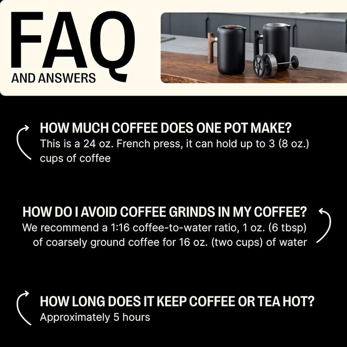 Fellow Clara Insulated French Press – Portable Stainless Steel Coffee Press, Insulated Hand Press, Matte Black with Walnut, 680g Carafe