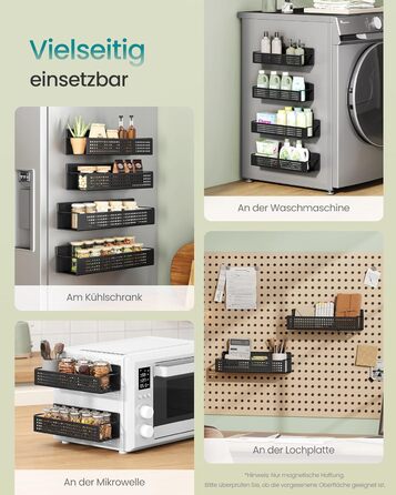 SONGMICS Магнітна полиця для спецій, 4 шт. (2 великі, 2 маленькі), без свердління, для кухні, холодильника, мікрохвильової печі, пральної машини, чорний, сталь