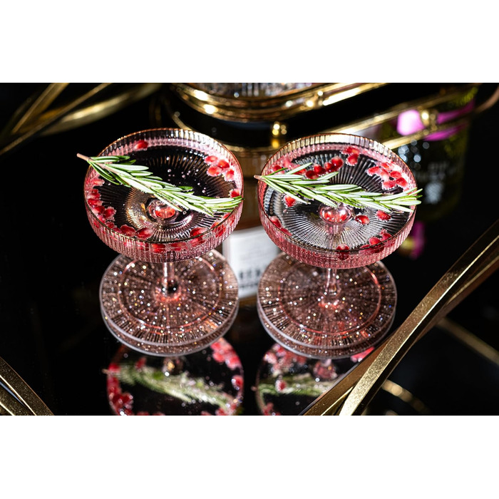 Набір келихів Art Deco з вишуканим рожевим кольором та золотим обідком (4 шт, 200 мл) | Для шампанського, коктейлів (Espresso Martini, Cosmopolitan, Daiquiri) | Скляні чаші для бару Speakeasy