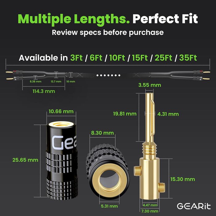 Акустичний кабель GEARit OFC 14 AWG HiFi для колонок, 2-жильний з позолоченими банановими роз'ємами, 4.57 м, чорний (2 шт. у комплекті)