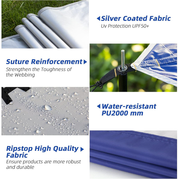 Тент Forceatt Zeltplane 3.7x4.3 м: ультралегкий, водонепроникний, з 6 точками кріплення, анти-UV. Підходить для кемпінгу, піших прогулянок та активного відпочинку на природі. Темно-синій & сірий колір.