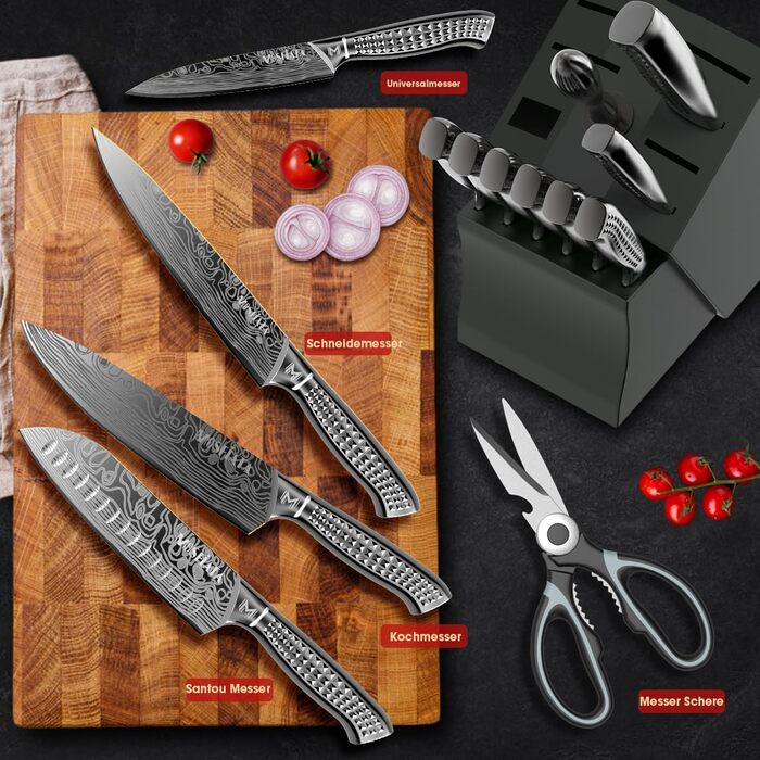 MOSFiATA 17-Piece Knife Set with Block - Professional Kitchen Knife Set with Titanium Coating, Stainless Steel, Scissors, Finger Guards & Gift Box