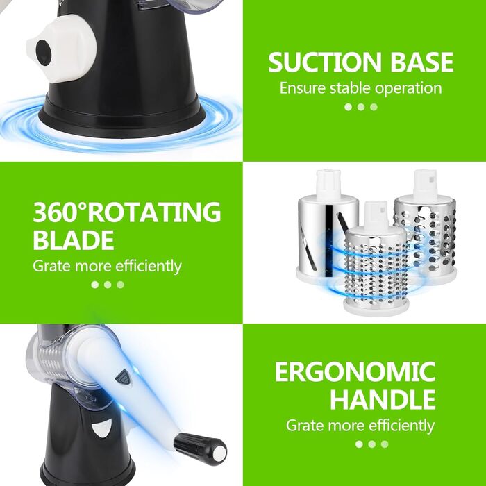 Ручна тертка для сиру та овочів Diealles Shine з ручкою, 3 змінні леза з нержавіючої сталі, для сиру, овочів, горіхів, кави