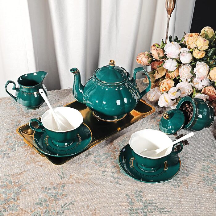 Fanquare 21-Piece Vintage Porcelain Tea Set, Dark Green Coffee Set with Teapot, Milk Jug, Sugar Bowl, Saucers, and Spoons for 6 People