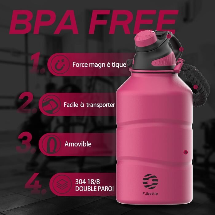 Fjbottle Stainless Steel Water Bottle 1900ML with Magnetic Lid, BPA FREE, Leak-Proof, Double-Walled Thermo Metal Bottle - Suitable for Carbonated Drinks, Sports Water Bottle for University, Fitness, Camping, Outdoor (Magenta)