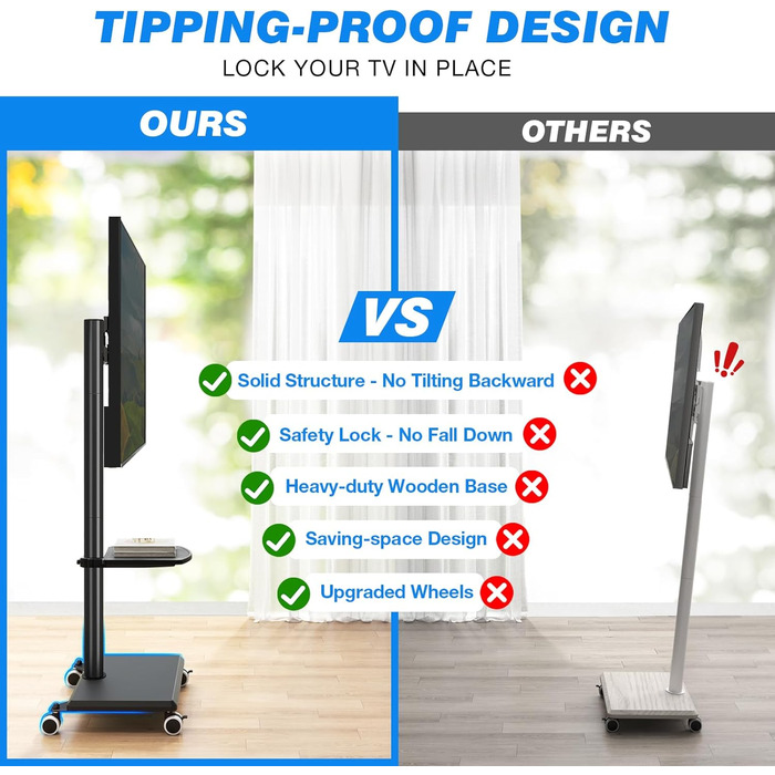 Мобільна тумба під телевізор з поличкою для ТВ 27-60 дюймів, чорна. Поворотна, регульована по висоті, до 40 кг, VESA 400x400