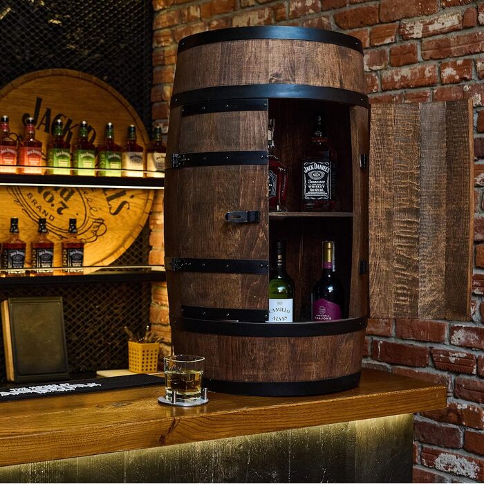 Wine Barrel Stand with Door - Liquor Cabinet, Bottle Rack, Wooden Shelves - Wooden Barrel - Barrel Furniture - Wine Rack - Wine Rack - Wine Bar - Barrel Bar with Door - Barrel Bar Minibar 80cm High (Wenge)