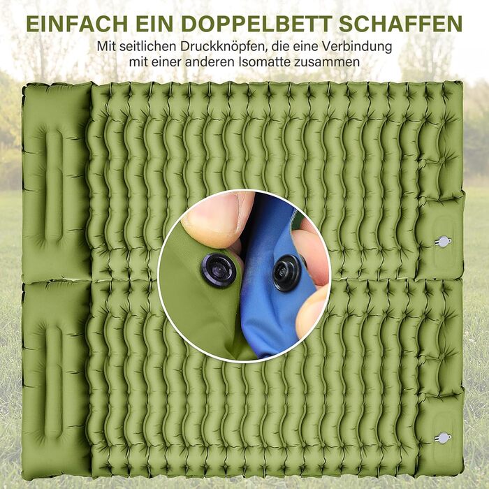 Isomatte кемпінгова самонадувна, надувний килимок для кемпінгу з насосом-пресом та подушкою, компактна та легка, для відпочинку на природі, зелено-блакитна