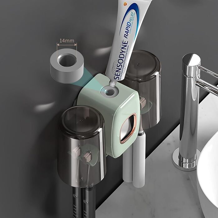 Настінний тримач для зубних щіток з автоматичним дозатором пасти, електричний для 4 щіток, 2 стаканчики, без свердління (зелений)