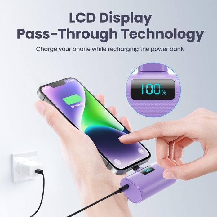 Портативний зарядний акумулятор Mini Powerbank 5200mAh з PD 20W для iPhone. Компактний Power Bank з LCD дисплеєм, сумісний з iPhone 14/13/12/11 та іншими моделями (фіолетовий)