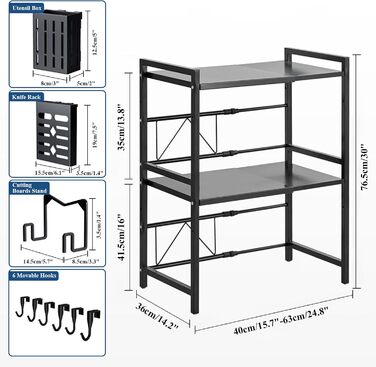 Регульована полиця для мікрохвильової печі, 3-рівнева розширювана стійка, органайзер для кухні з 6 гачками, з вуглецевої сталі, чорний