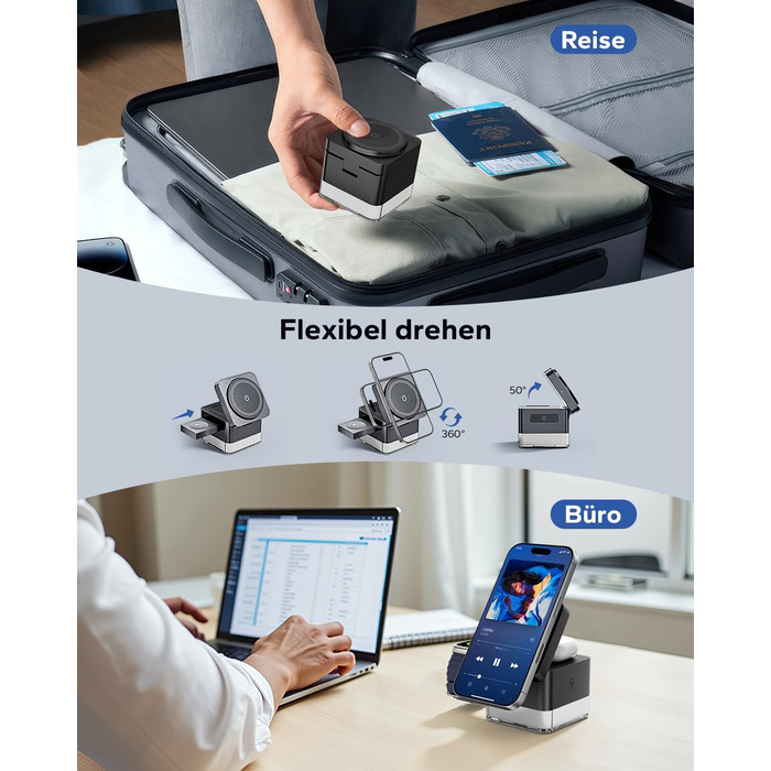 База для зарядки Apple Watch та iPhone KPON Magsafe 3-в-1, сумісна з iPhone 17/16/15/14/13/12/Air/Pro Max, Apple Watch 11/10/9, AirPods (Сірий/Чорний)