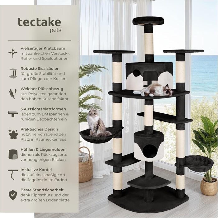 Дерево для котів tectake® XXL з іграшками, велике, з лежаком, 2 котячі будиночки, кігтеточка з сизалевого мотузка, сірий/білий (чорний/білий)